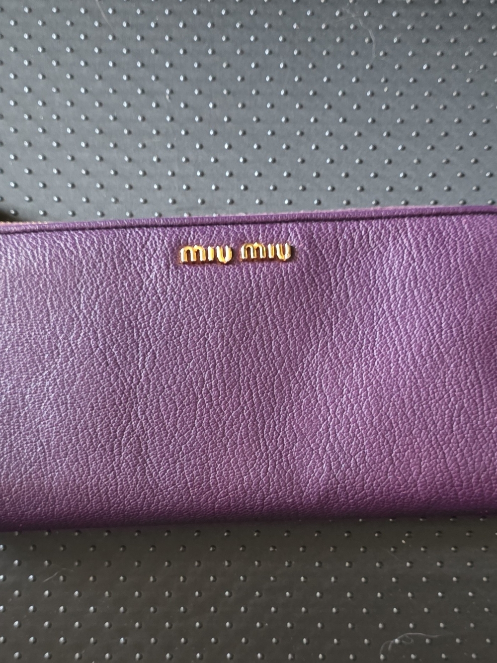 Miu Miu Plum Textured Leather Zip Wallet with Gold Logo